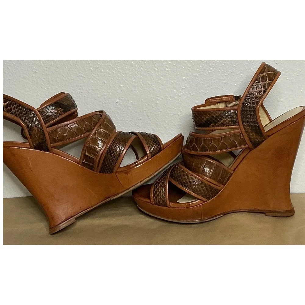 Alexandre‎ Birman Snakeskin Strappy Wedge Sandals Brown Leather Heels